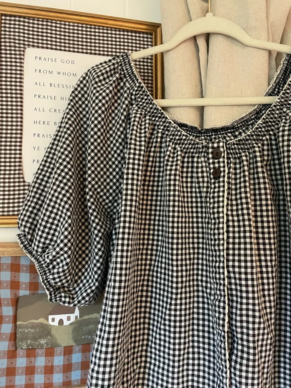 Black & White Gingham Peasant Blouse with Puff Sleeves - Picture 2 of 2